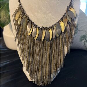Simon Chang Gold Tone Fringe Statement Bib Necklace Leaf Chain
